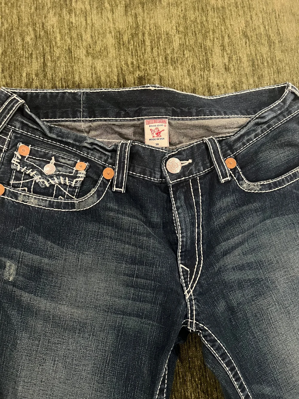 True Religion Men’s Dark Blue Bootcut Jeans with Contrast Stitching